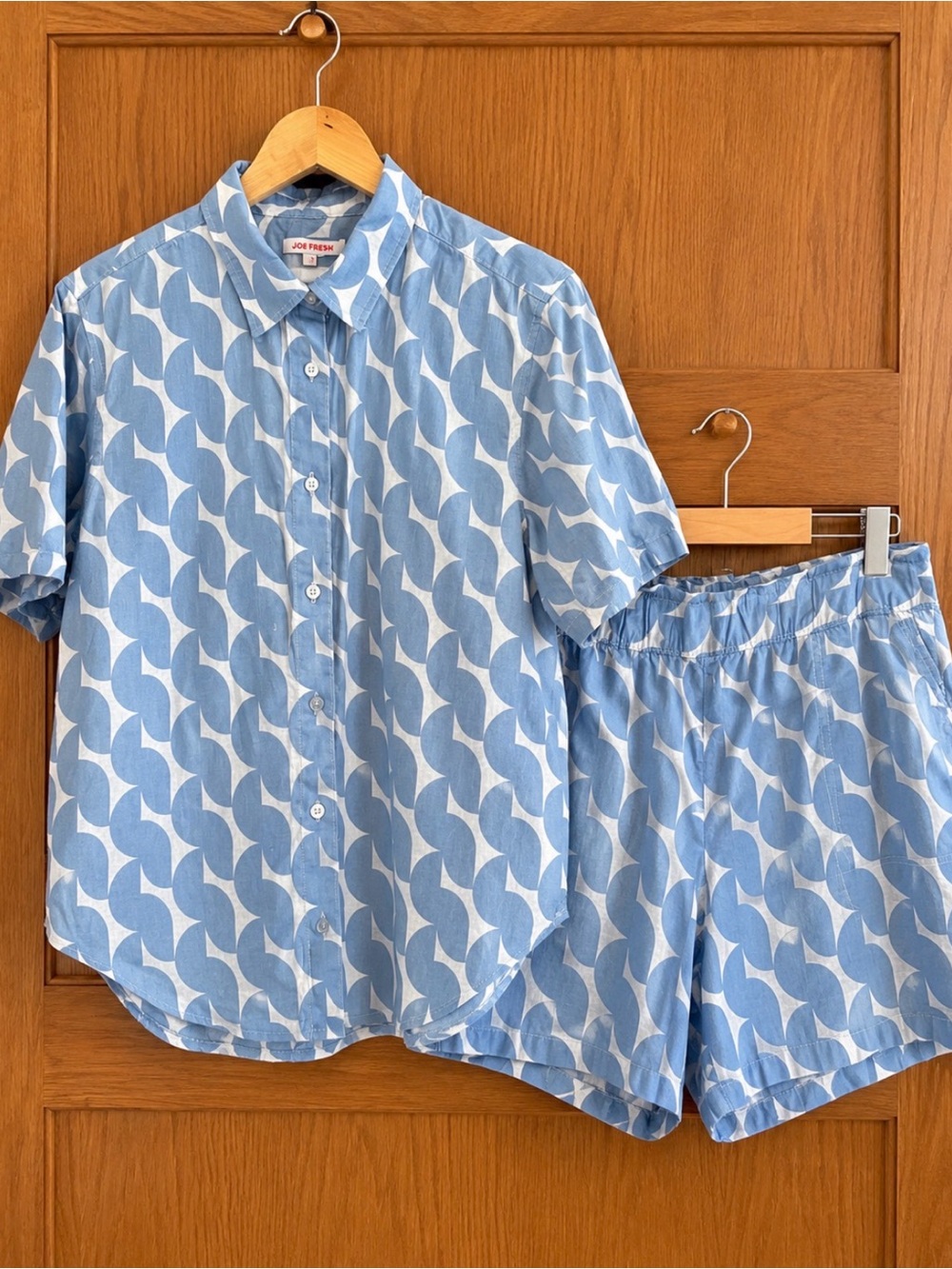 Joe Fresh Blue Linen Blend Shirt & Shorts Set L Geometric Print Matching